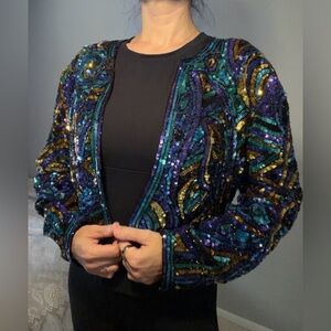 Vintage NITELINE by Della Roufogali Silk Beaded Jacket L 80s 90s